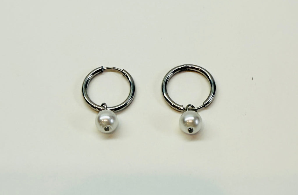 Silver Pearl Huggie Hoop