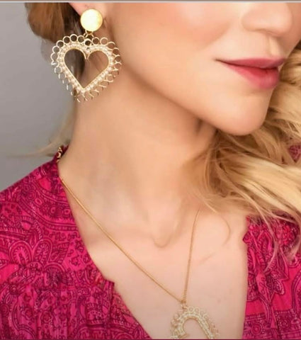 Bella M Heart Gold and Pearl Statement Earrings