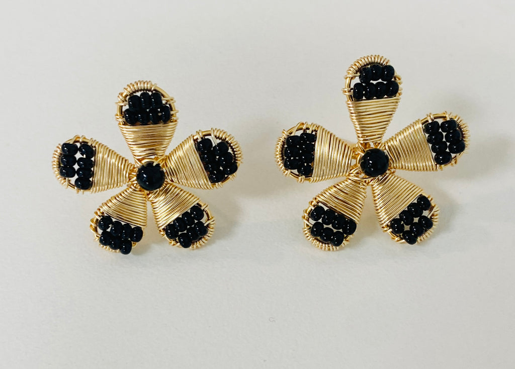 Bella M Flower Black Beaded Earrings