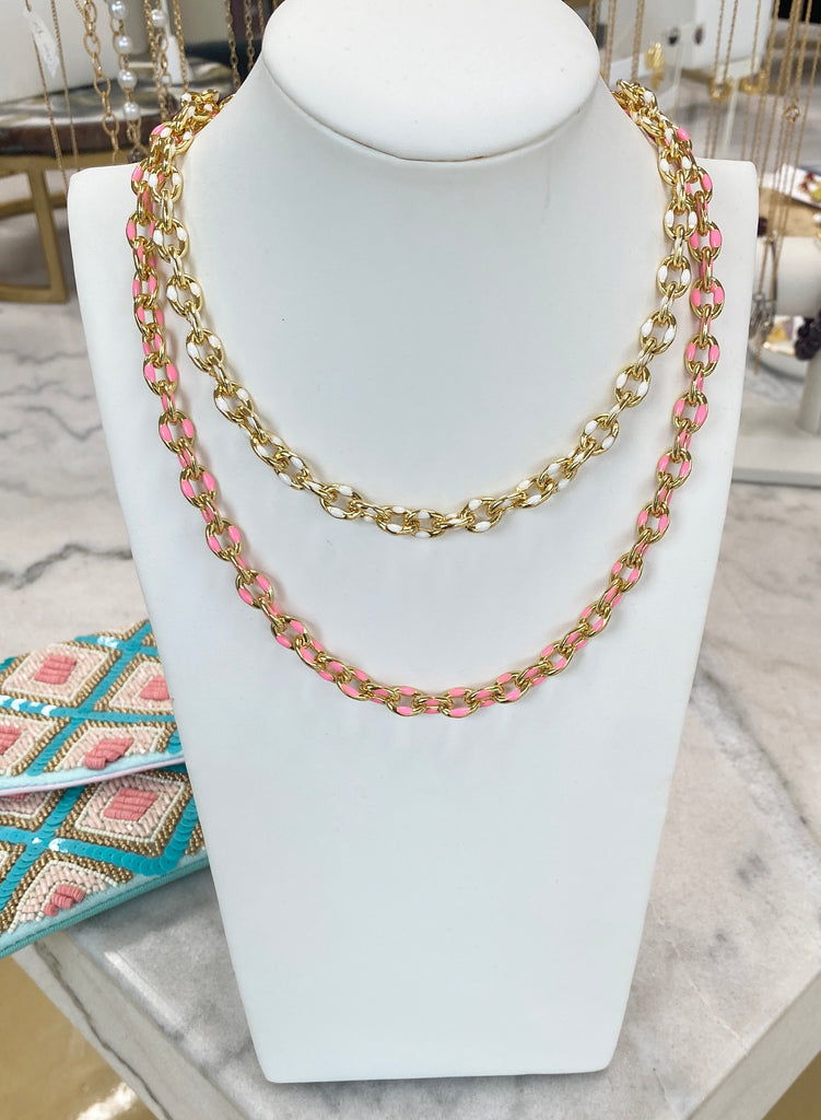 Link Chain Enamel Necklace White/Pink