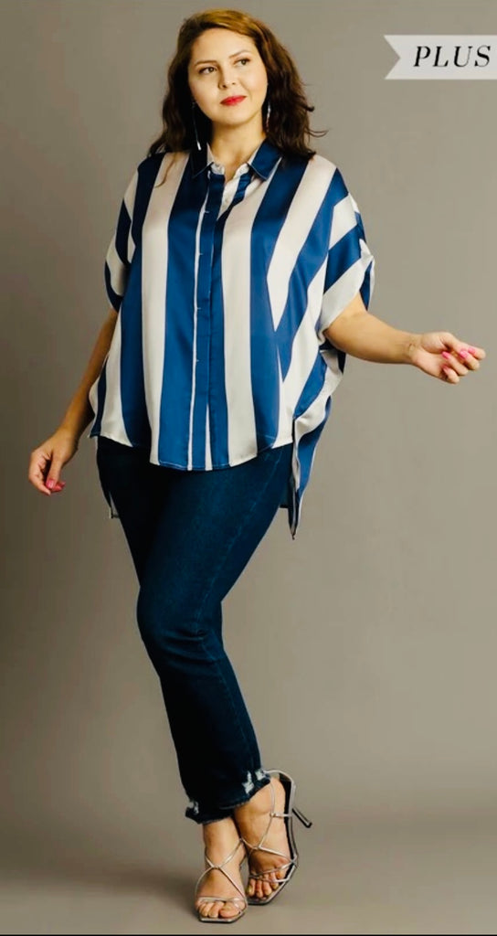 Umgee Blue and White Striped Blouse Plus CW