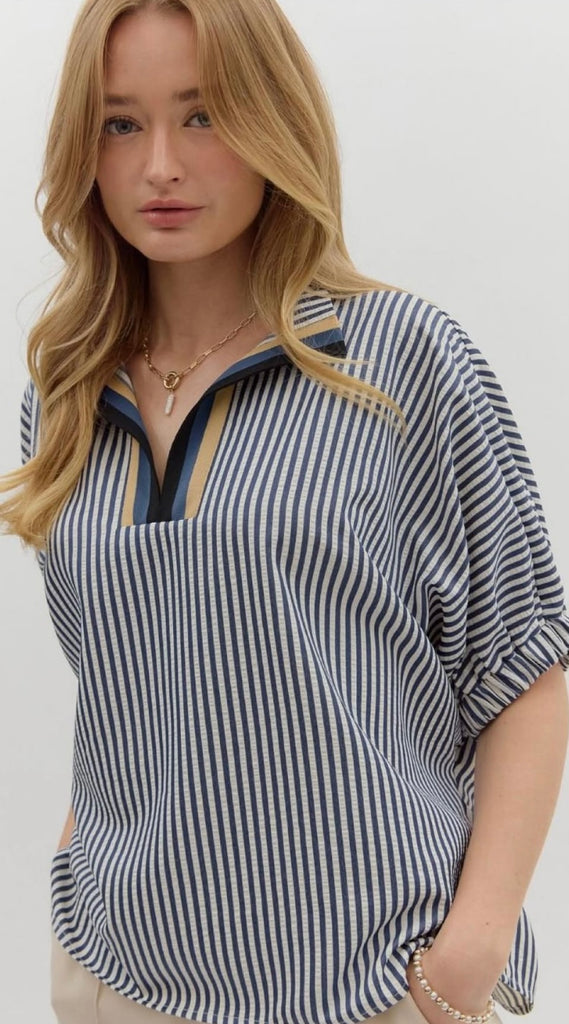 Entro Navy Racer Stripe Top CW