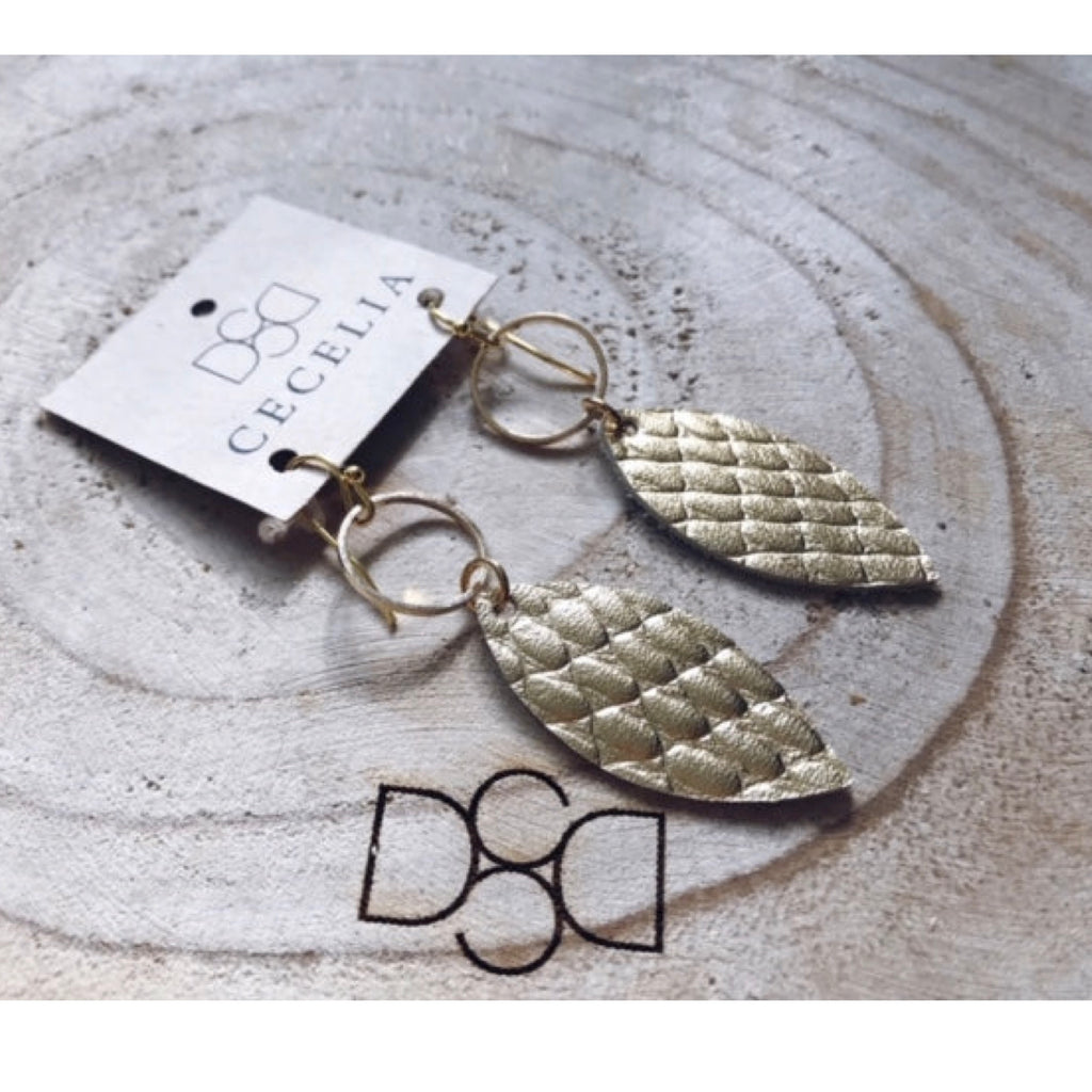 Gold Snakeskin Small Feather Leather Earrings with Gold Hoop