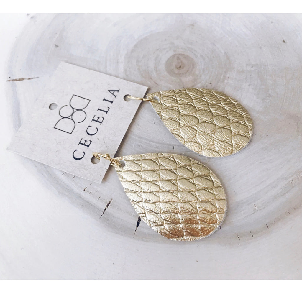 Gold Snakeskin Small Teardrop Leather Earrings
