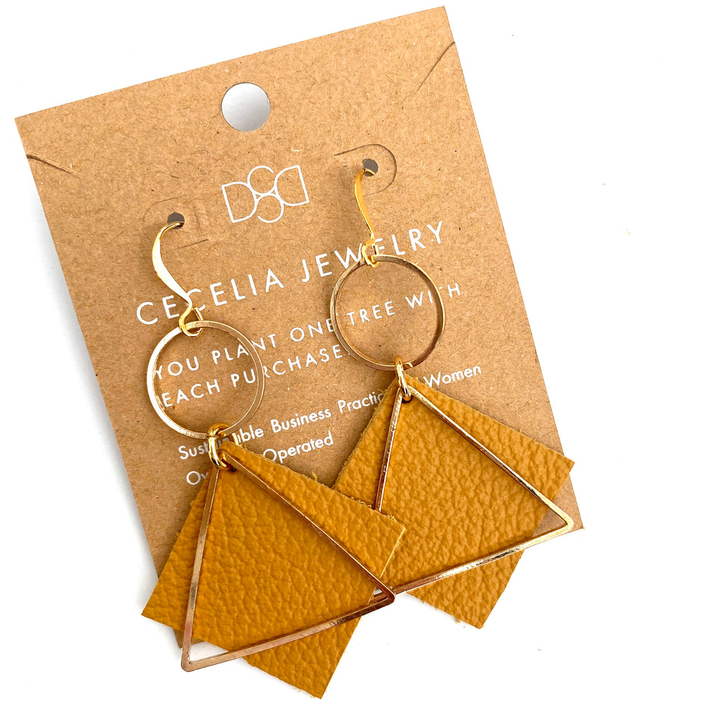 Mustard Diamond Leather Earrings with Gold Hoop
