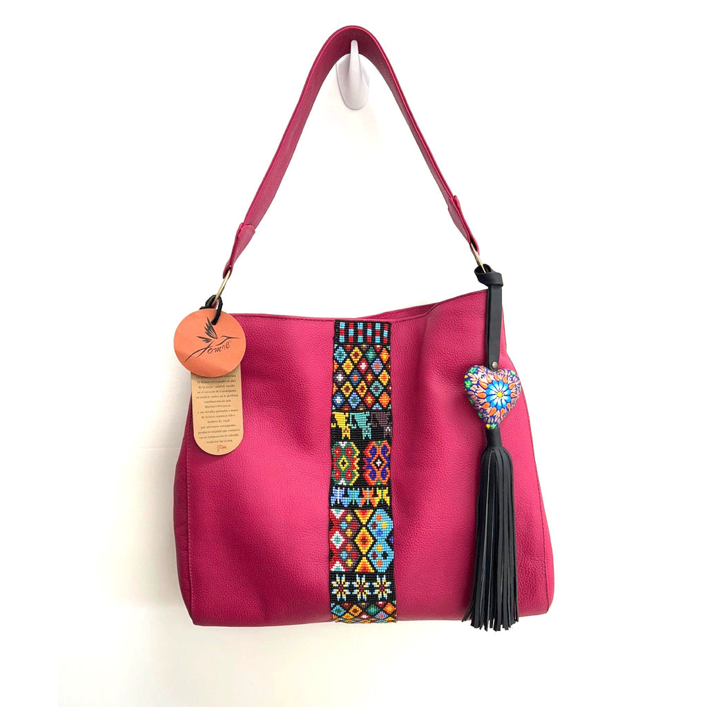 Fuchsia Leather Bead Art Handbag