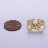 Penelope Gold Bow Clam Ribbon CZ Baguette Adjustable Ring