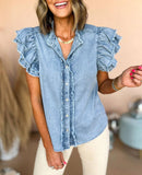 Button Front Ruffled Flutter Frayed Denim Top