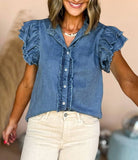 Button Front Ruffled Flutter Frayed Denim Top