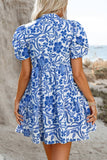 Blue Flower Print Puff Sleeve Tiered Dress