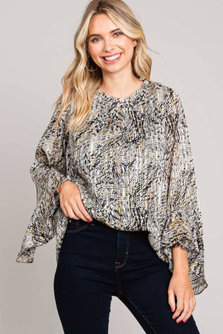 64755 -  "Casual Abstracted Prints Ruffle Sleeve Blouse"