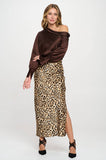 Leopard Print Silky Satin Maxi Skirt with Slit