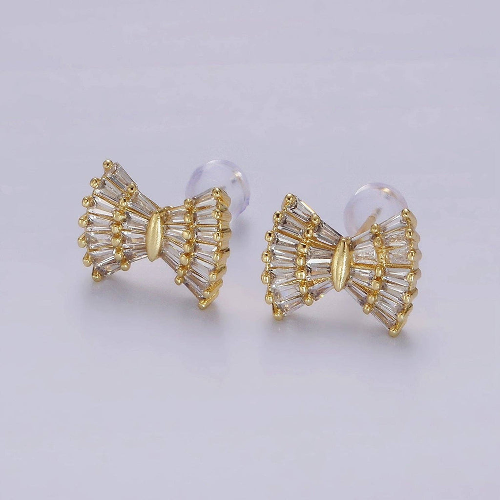 14K Gold Filled Clear CZ Baguette Bow Ribbon Stud Earrings | AE138