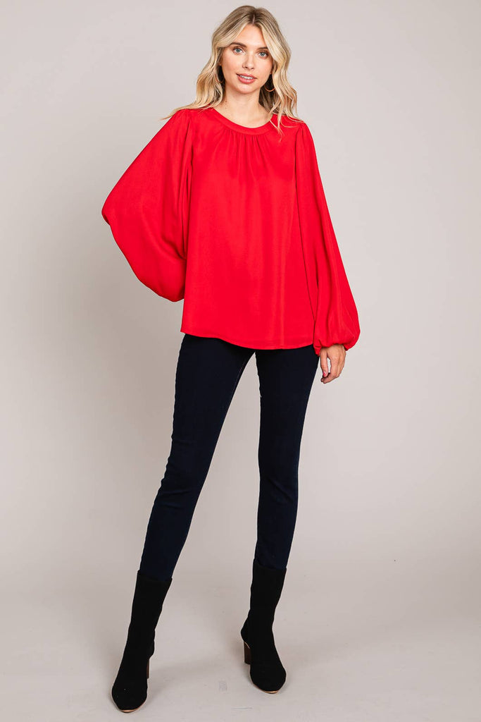 Red Soft Bubble Sleeve Blouse