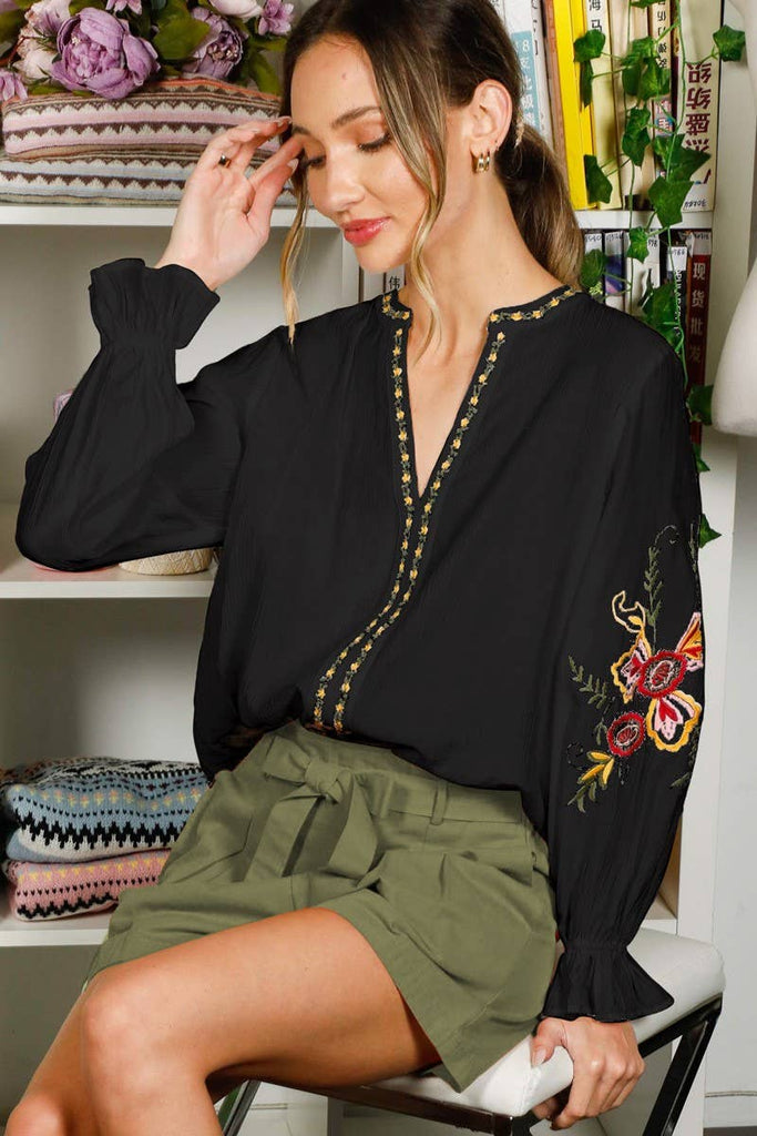 Black Embroidered Top Ruffle Sleeve