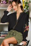 Black Embroidered Top Ruffle Sleeve