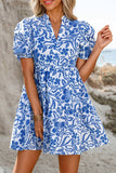Blue Flower Print Puff Sleeve Tiered Dress