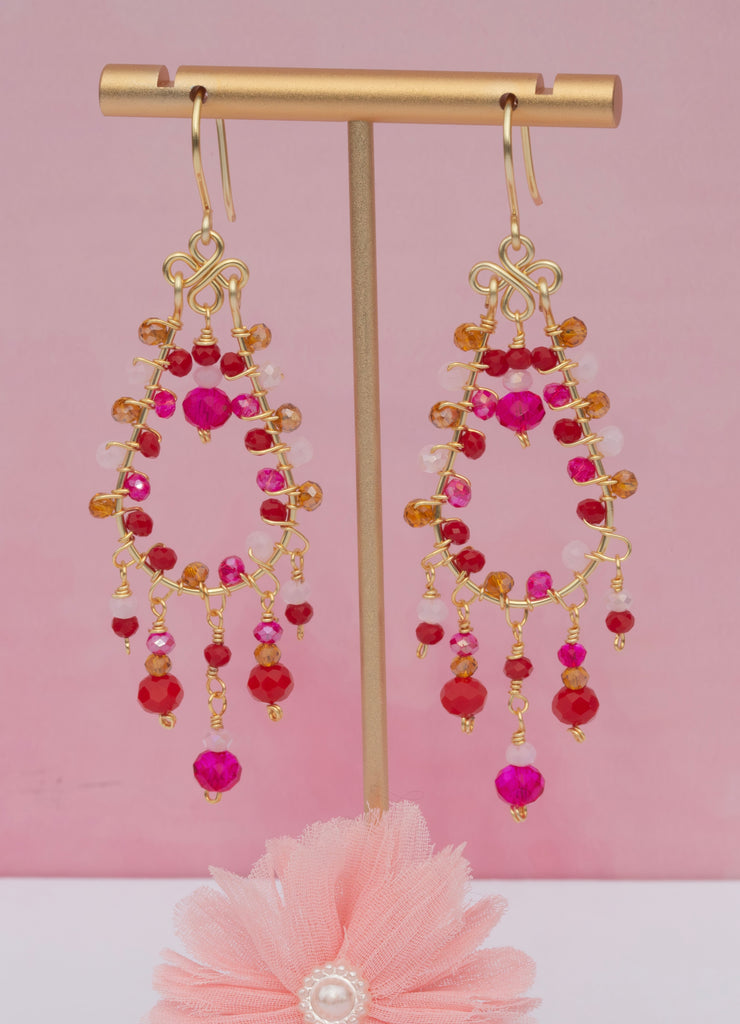 Pink Beaded Chandelier Earrings