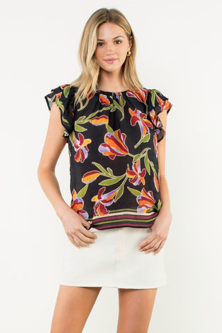 THML Black Floral Ruffle Sleeve Top CW