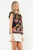 THML Black Floral Ruffle Sleeve Top CW
