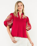 THML Red Embroidered Puff Sleeve Top CW