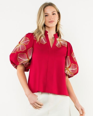 THML Red Embroidered Puff Sleeve Top CW