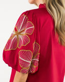 THML Red Embroidered Puff Sleeve Top CW
