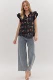 Entro Black Floral Flutter Sleeve Top CW