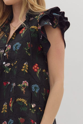 Entro Black Floral Flutter Sleeve Top CW
