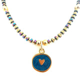 Blue Enamel Gold Heart Beaded Necklace