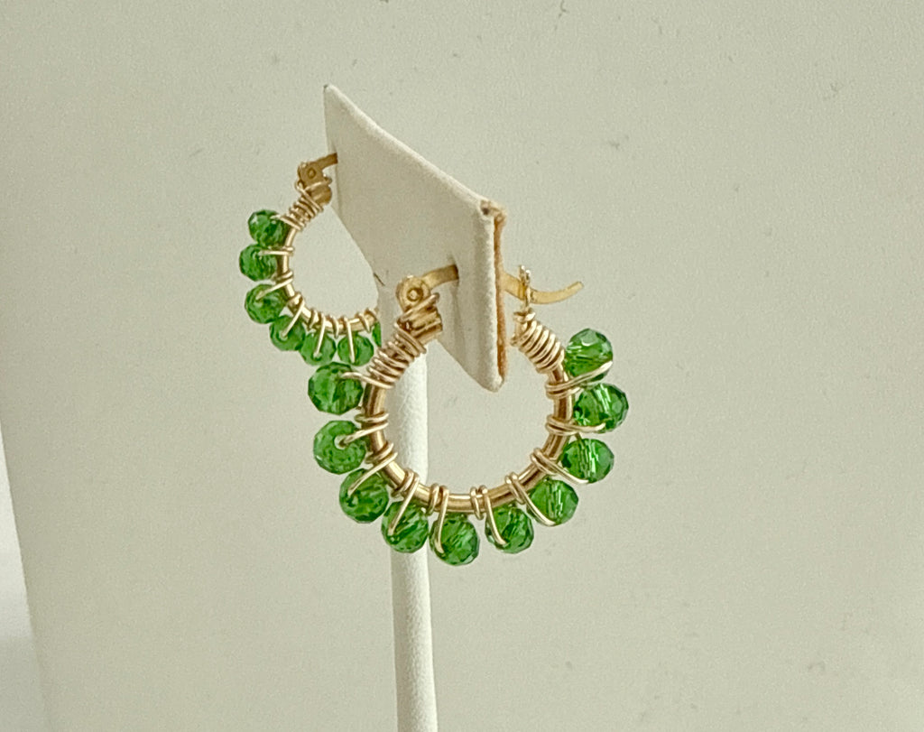 Beaded Hoop Medium Green Earrings