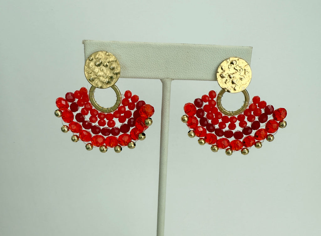 Fan Beaded Red Earrings