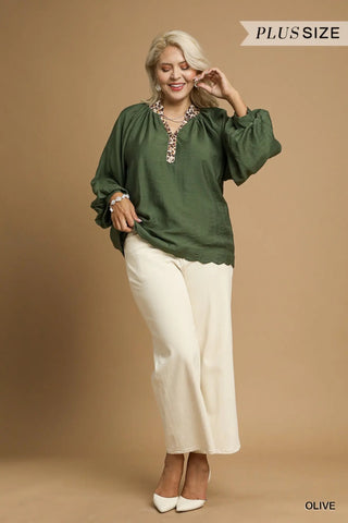 Umgee Olive Scallop Hem Blouse CW