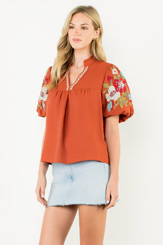 THML Rust Embroidered Puff Sleeve Top CW