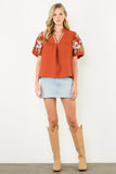 THML Rust Embroidered Puff Sleeve Top CW