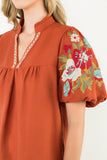 THML Rust Embroidered Puff Sleeve Top CW