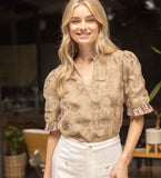 Voy Tan Satin Ruffled Top CW