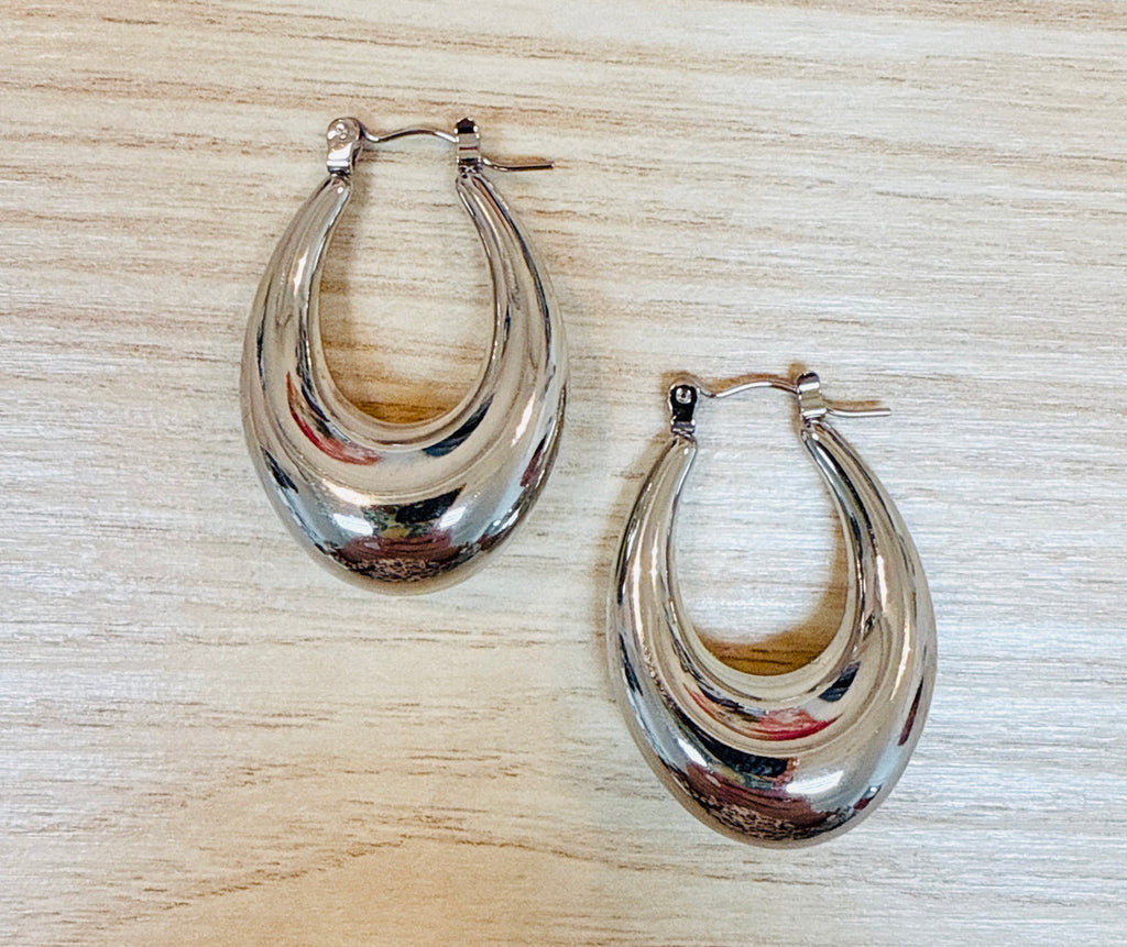 Silver Oblong Hoop Earrings