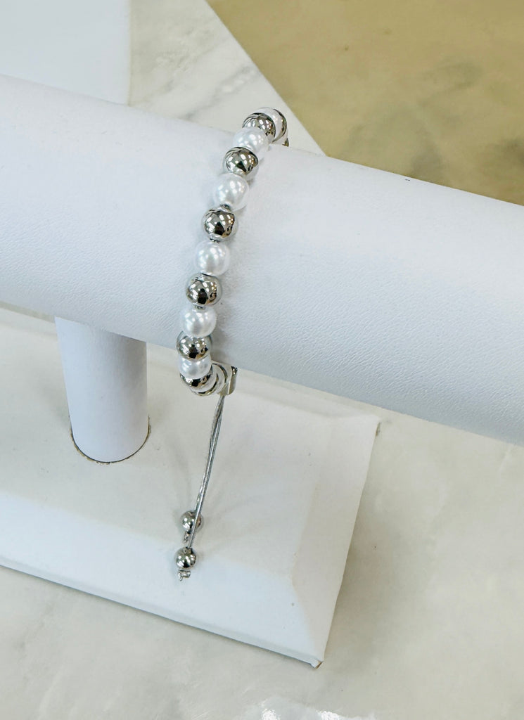 Pearl and Silver Beaded Slider Bracelet