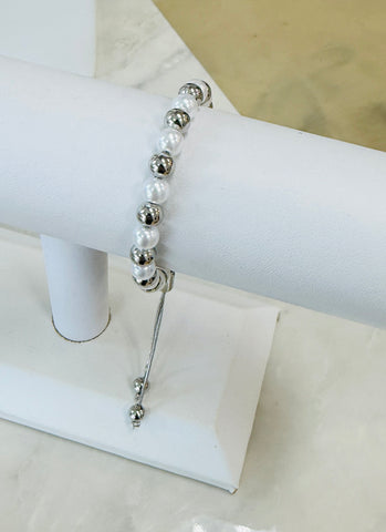 Pearl and Silver Beaded Slider Bracelet