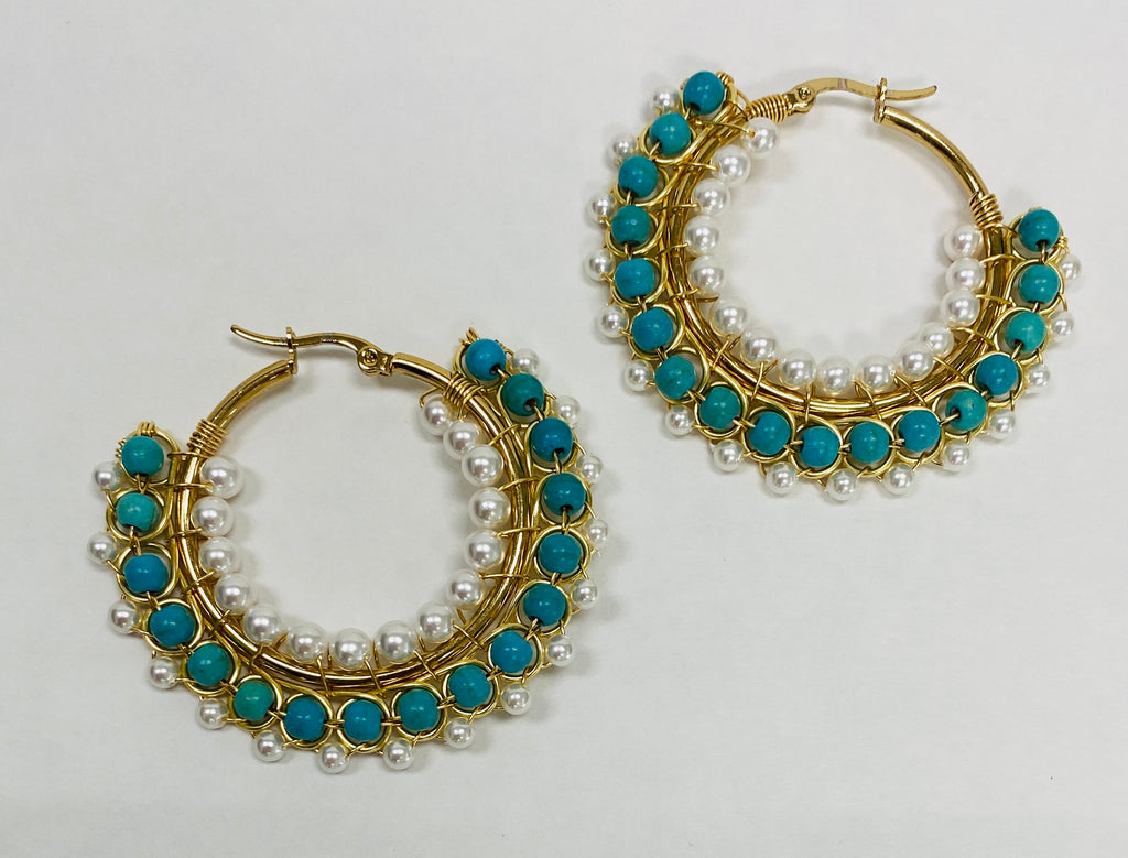 Turquoise and pearl hoop earrings