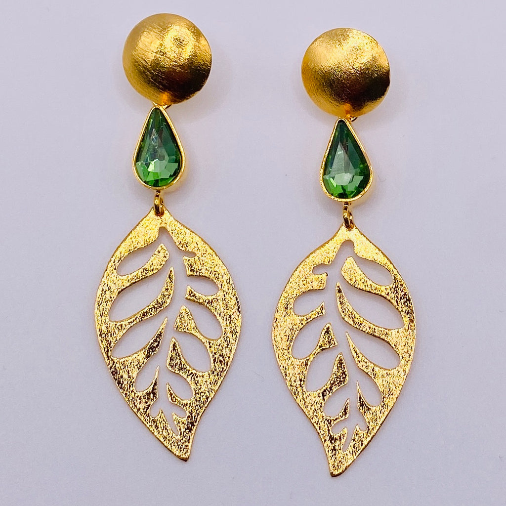 Gold and Green Leaf Earrings