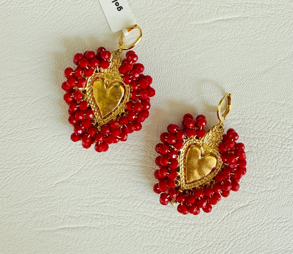 Red Beaded Heart Earrings