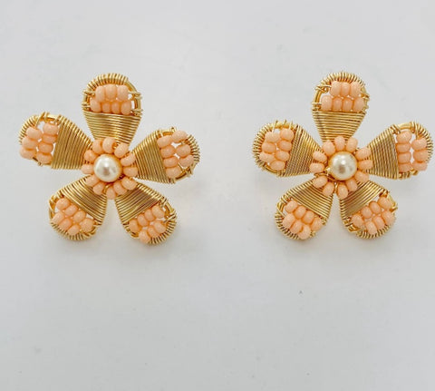 Peach Beaded Flower Earrings