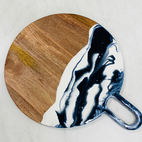 Blue Resin Art Charcuterie Round Board with Handle