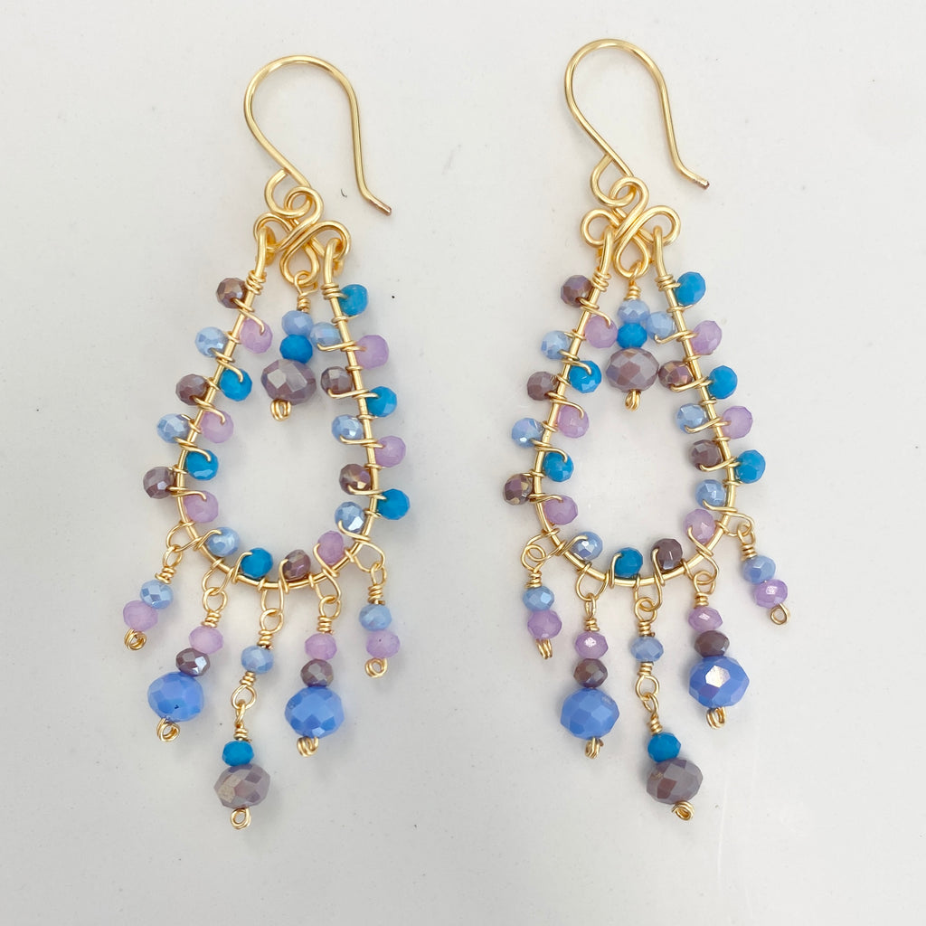Purple and Blue Beaded Chandelier Earrings