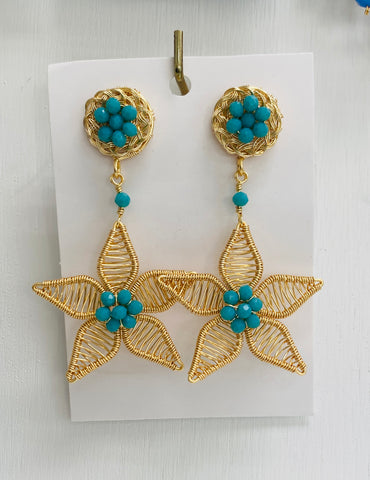 Turquoise Gold Flower Earrings