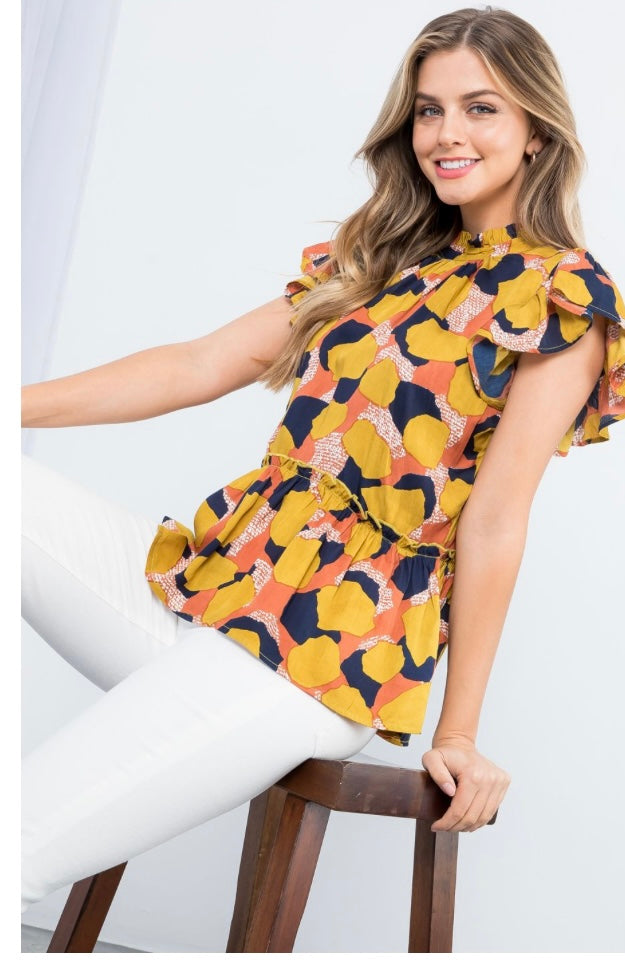 Ruffle Sleeve Print Top