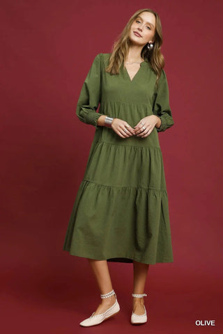 Umgee Olive Textured Tiered Dress CW