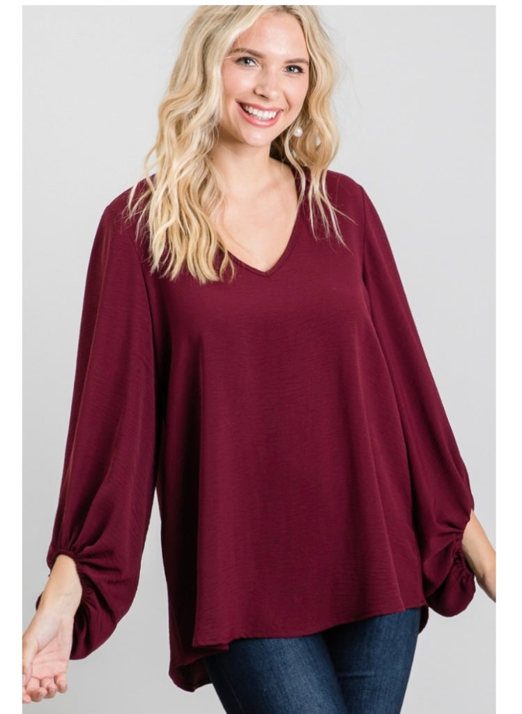 Wine V-neck Long Sleeved Blouse